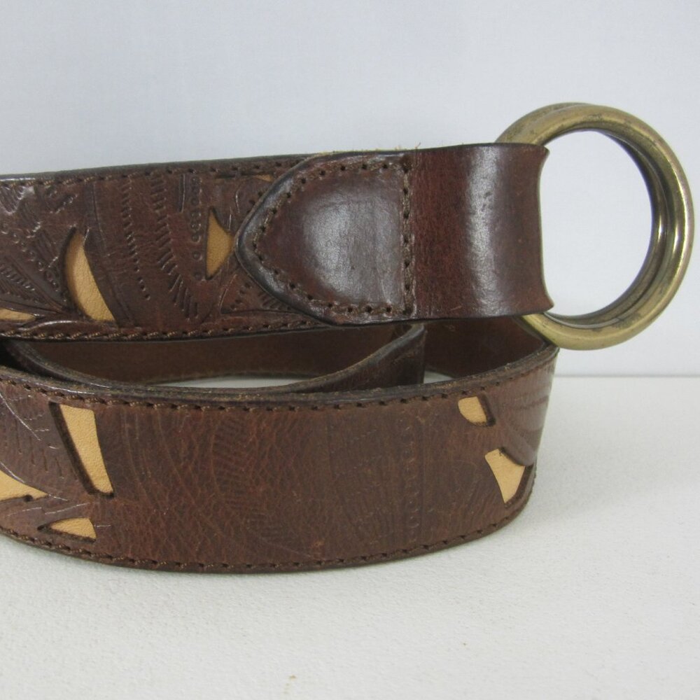 J Crew Unisex Belt Small / Medium Brown Beige Tooled Italian Leather Belt USA